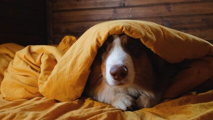Concept pets live like people. Brown Australian Shepherd puppy is lying in bed covered with yellow duvet with head. Hotel where well behaved animals are welcome. 4K slow motion footage.