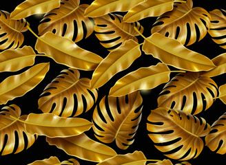 Vector seamless pattern with gold monstera and palm tropical leaves on black background. Botanical background design for cosmetics, jungle luxury design. © lightgirl