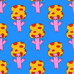1970 good vibes and 1970 daisy flower.vector psychedelic art - seamless pattern with hippie flowers.Funky and groovy floral ornament.Vibrant square textile with flowers dudes characters.	