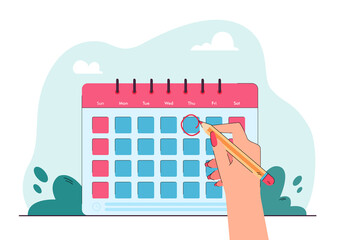 Female hand with pencil circling day on calendar. Person planning weekly schedule flat vector illustration. Time management, organization concept for banner, website design or landing web page