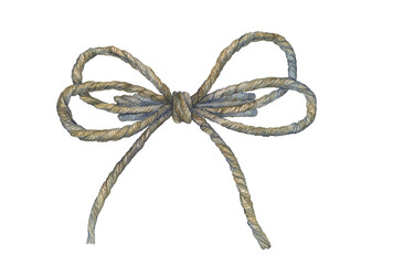 watercolor image of a bow with a knot of gray twine rope