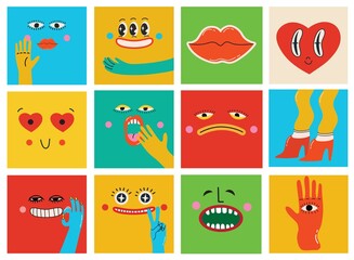 Fototapeta premium Collection of crazy Abstract comic characters geometric elements and faces. Bright colors Cartoon style. Vector Illustration