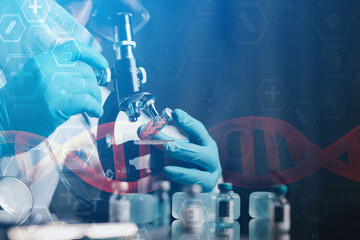 Coronavirus Vaccine Concept Medical Laboratory Scientist Experimental Analysis of COVID-19 DNA...
