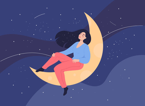 Woman sitting on crescent moon with closed eyes. Calm person having good deep sleep, relaxing and resting flat vector illustration. Night, REM sleep cycle, wellbeing concept
