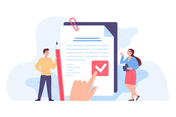 Tiny people signing legal principles document. Protection of privacy data, control of employee, statement with text protocol flat vector illustration. Regulation procedure concept - obrazy, fototapety, plakaty