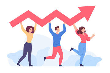 Happy people holding growing arrow flat vector illustration. Man and women working together. Teamwork, development, success, growth, career, progress, evolution concept