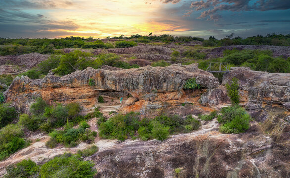 Aerial view of the rock arch on Cerro Arco in Tobati in Paraguay.