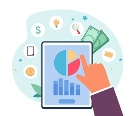 Hand of business person and tablet with statistics on screen. Person analyzing company performance flat vector illustration. Marketing, development concept for banner, website design or landing page