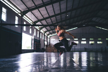 Obraz premium Side view of determined female athlete jumping with tough during cardio workout training in sportive gym studio, motivated woman in active wear slimming for keeping body shape in tonus - crossfit