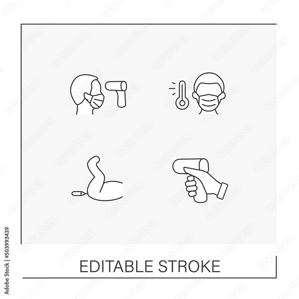 Poster electronic thermometer line icons set. control body temperature. healthcare concepts. isolated vecto