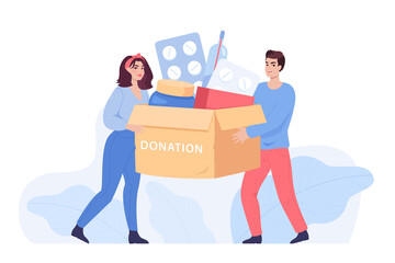Fototapeta na wymiar People holding charity medicine box flat vector illustration. Donation for refugees, humanitarian aid, support, love, medication, help, pharmacy, assistance concept