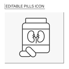  Treatment line icon. Drugs for kidney treatment. Vitamins and minerals. Pills concept. Isolated vector illustration. Editable stroke