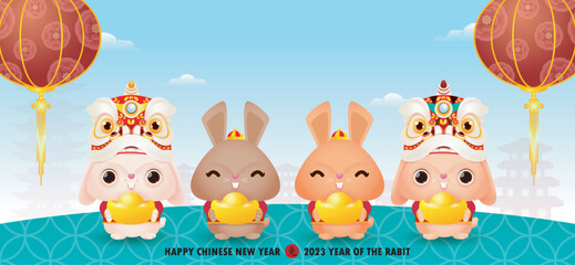 happy chinese new year 2023 banner, Four little rabbit holding golden ingots, year of the rabbit zodiac, gong xi fa cai Cartoon  background vector illustration, Translation happy chinese New Year