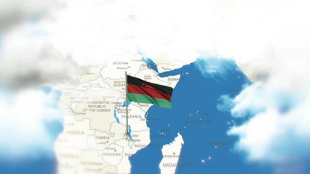 Malawi Map And Flag With Clouds