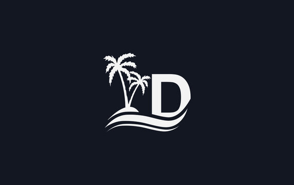 Nature water wave and beach tree vector logo design with the letter and alphabet D