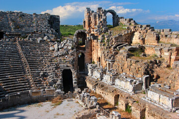 View of ancient Greek city of Perge near Antalya on the Mediterranean coast of Turkey