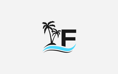 Nature water wave and beach tree vector logo design with the letter and alphabet F