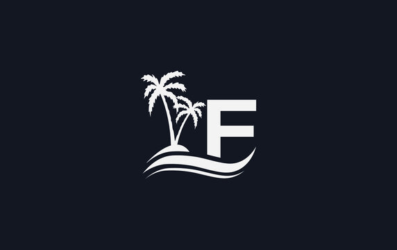 Nature water wave and beach tree vector logo design with the letter and alphabet F
