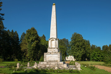 Village of Stepanovskoe-Volosovo. Russia, Tver region.   Monument obelisk to Emperor Alexander 1 in...