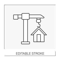  Construction company line icon. Hoisting crane move house. Buildings. Construction industry concept. Isolated vector illustration. Editable stroke