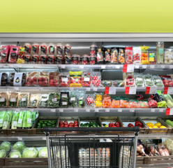 buying vegetables and fruits  at the market.empty grocery cart in an empty supermarket
