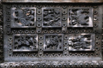 Sculptures on the outer walls of Hoysaleswara Temple at Halebidu, the former capital of the Hoysala, Karnataka.