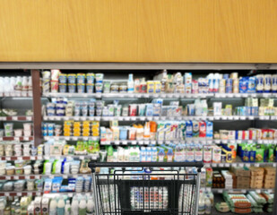choosing a dairy products at supermarket.empty grocery cart in an empty supermarket