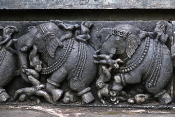 Sculptures on the outer walls of Hoysaleswara Temple at Halebidu, the former capital of the Hoysala, Karnataka.