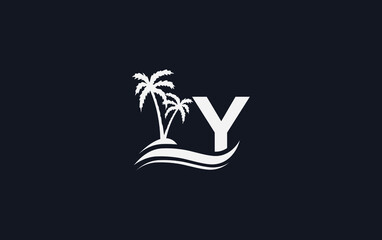 Nature water wave and beach tree vector logo design with the letter and alphabet Y