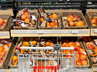 buying vegetables and fruits  at the market.empty grocery cart in an empty supermarket