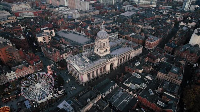 Aerial drone view over Nottingham Town city centre, Council House, Old Market Square, Nottingham Winter Wonderland, Nottingham, Nottinghamshire, England, United Kingdom, Europe