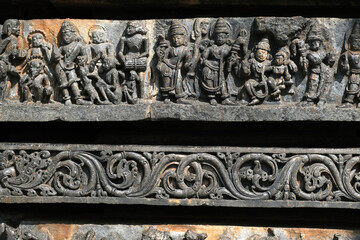 Sculptures on the outer walls of Hoysaleswara Temple at Halebidu, the former capital of the Hoysala, Karnataka.