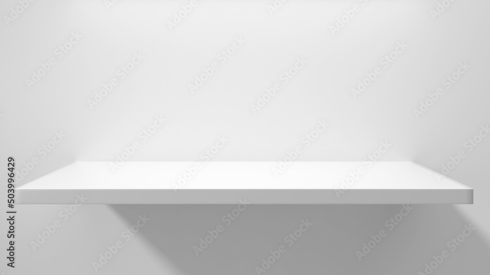 Poster white mockup shelf on a white background with shining light,3d rendering