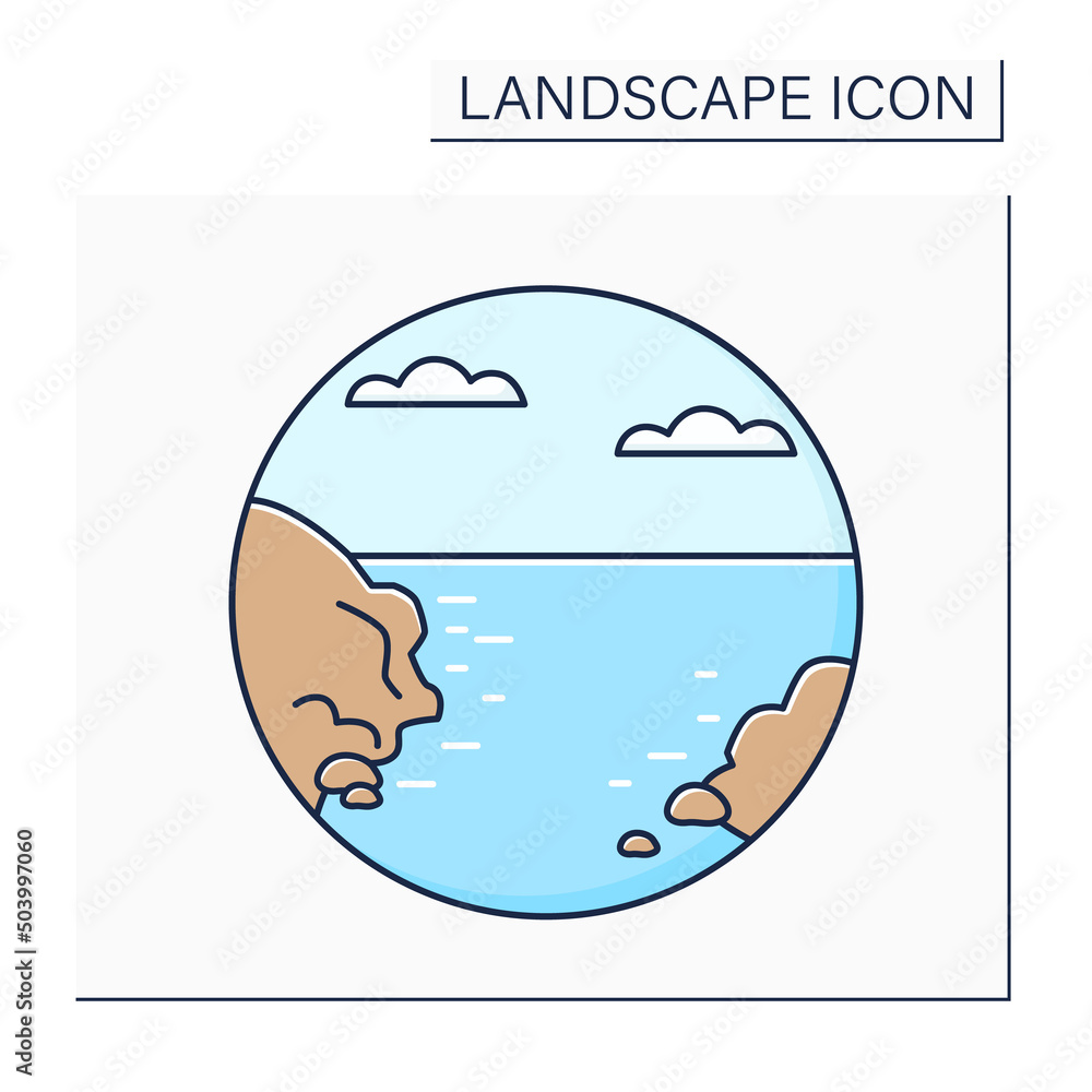 Poster bay color icon. broad inlet of sea. indentation in mountains with small sea or lake.landscape concep