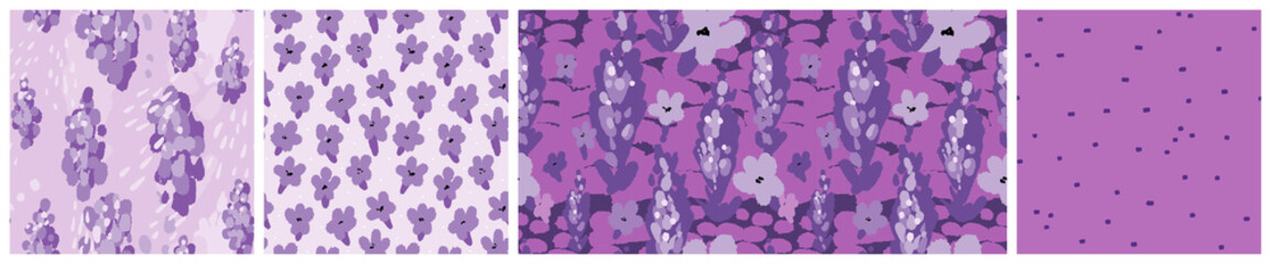 Abstract lavender colourful seamless pattern set in trendy purple and lilac colors. Modern floral romantic vector backgrounds with hand drawn graphic. Creative repeat design for lavandula scented prod
