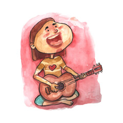 illustration hand drawn watercolor vector happy girl plays guitar
