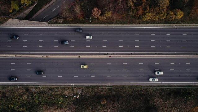 Aerial drone view over M1 motorway near Hardwick Hall, Derbyshire, England, United Kingdom, Europe