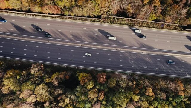 Aerial drone view over M1 motorway near Hardwick Hall, Derbyshire, England, United Kingdom, Europe