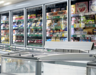 empty supermarket,frozen food from a supermarket freezer.