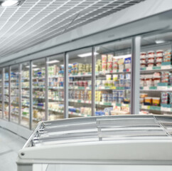 empty supermarket,frozen food from a supermarket freezer.