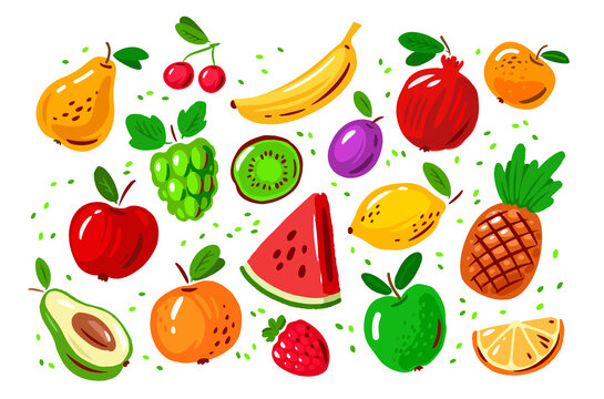 Organic food icon set. Vector illustration berries and fruits in cartoon style