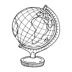 Cartoon model of the globe on a wooden leg, isolated on a white background black and white doodle vector illustration. Earth model for graphics, clipart, etc.