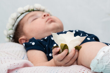 close-up detail of an artificial white rose held by the tender little hand of a newborn baby girl...