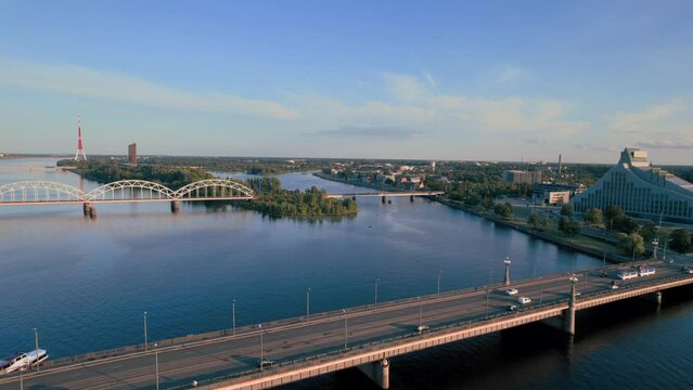 Aerial drone view over Riga city centre and Daugava River, Riga, Latvia, Europe