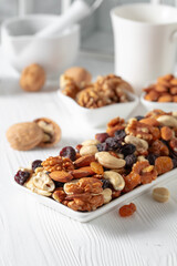 Mix of nuts and raisins on a white wooden table.