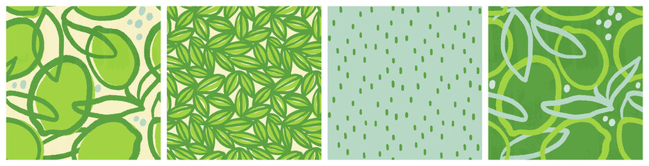  Abstract lime seamless pattern set. Fresh green citrus fruit background design for product packaging or kitchen textile.