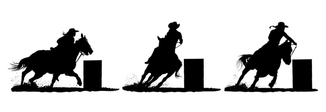 Three (3) vector silhouettes of a rodeo cowgirl barrel racing.