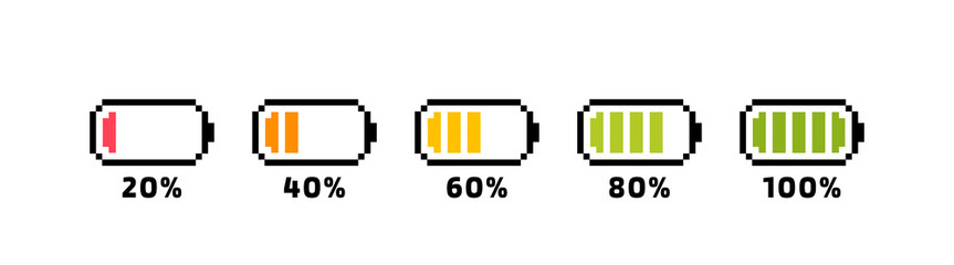 Battery charging process. Different Battery charge level. Set of pixel battery charge level indicators. Pixel art 8-bit. Vector Illustration - obrazy, fototapety, plakaty