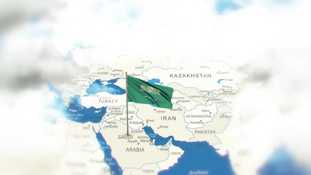 Saudi Arabia Map And Flag With Clouds