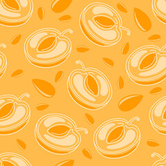 Seamless pattern with apricot halves on an orange background. Vector